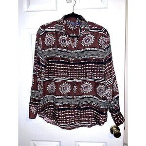Vintage COLOR FX100% Silk Top Mocha & White Bold Pattern Button Front Shirt M